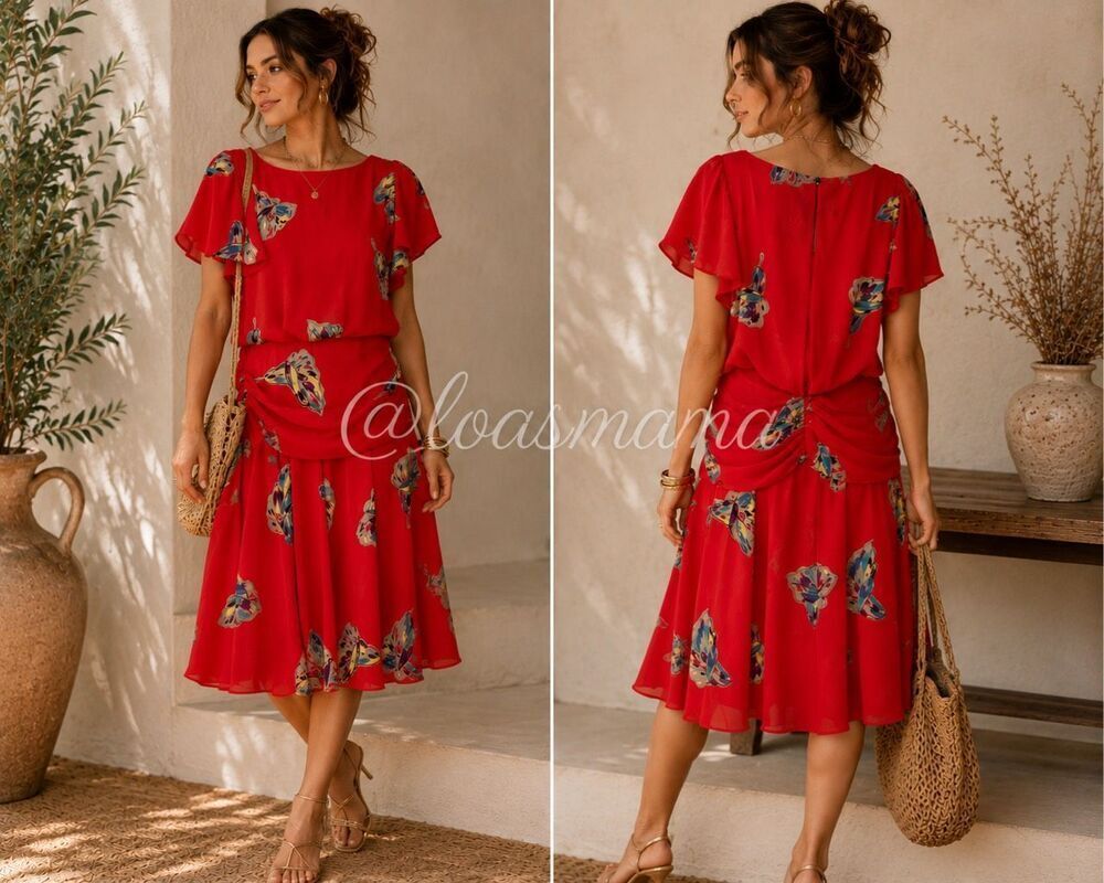 Vintage Nina Piccalino Red Floral Print Flutter Sleeve Dress Ruched Midi Retro 8